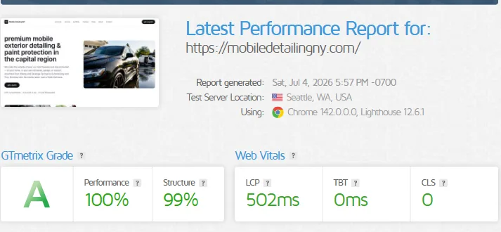 gtmetrix report, grade A, performance 100%