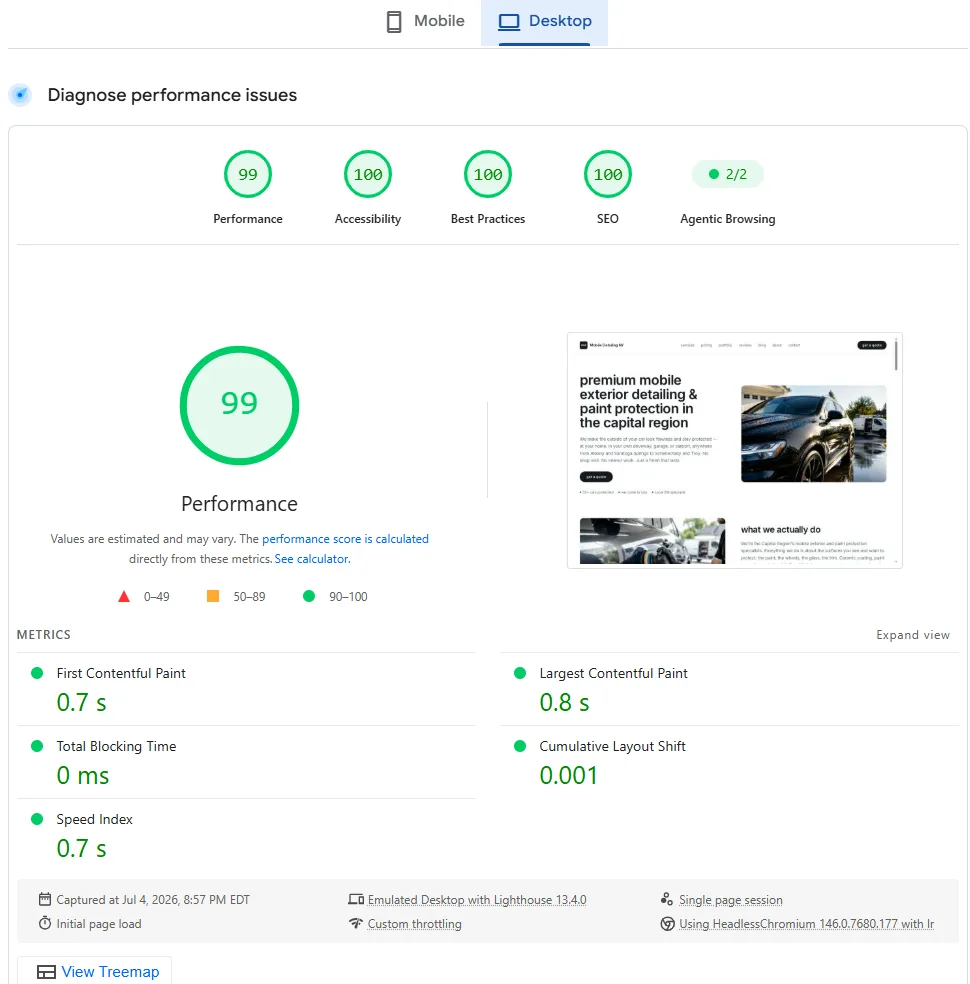 google pagespeed desktop report, performance 99